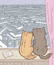 Domestic cats look at the snowfall