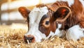 Domestic cows eating hay in barn on rural dairy farm agricultural livestock feeding scene