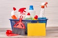 Domestic disinfect products in basket. Royalty Free Stock Photo