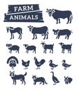 Domestic farm animals flat silhouettes vector icons Royalty Free Stock Photo
