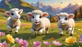 Domestic farm sheep comedy running flowers meadow Royalty Free Stock Photo