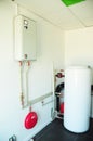 A domestic household boiler room with a new modern gas boiler, heating electric warm water system and pipes Royalty Free Stock Photo