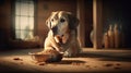 Domestic life with pet. Feeding hungry dog. The owner gives his dog a bowl of granules. Royalty Free Stock Photo