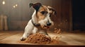 Domestic life with pet. Feeding hungry dog. The owner gives his dog a bowl of granules. Royalty Free Stock Photo