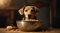 Domestic life with pet. Feeding hungry dog. The owner gives his dog a bowl of granules. Royalty Free Stock Photo