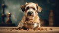 Domestic life with pet. Feeding hungry dog. The owner gives his dog a bowl of granules. Royalty Free Stock Photo