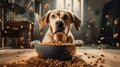 Domestic life with pet. Feeding hungry dog. The owner gives his dog a bowl of granules. Royalty Free Stock Photo