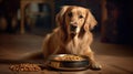 Domestic life with pet. Feeding hungry dog. The owner gives his dog a bowl of granules. Royalty Free Stock Photo