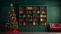 Domestic living room decorated with Christmas fir tree and holiday decor on green background. Bookcase and comfortable red sofa