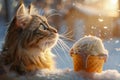 Domestic Long haired Tabby Cat Eyeing a Vanilla Ice Cream Cone on a Snowy Winter Day