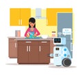 Domestic personal assistance robot helps his owner at home. Robotics technology concept vector illustration