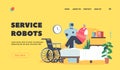 Domestic Personal Robot Service Landing Page Template. Robot Carry Disabled Woman from Wheelchair to Bed. Senior Support