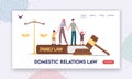 Domestic Relations Law Landing Page Template. Tiny Parents and Children Characters in Judge Courthouse Huge Gavel