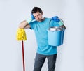 domestic service man or stressed husband housework washing holdi