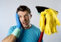 Domestic service man or stressed husband housework washing home with mop and broom