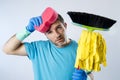 Domestic service man or stressed husband housework washing with sponge mop and broom