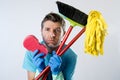 Domestic service man or stressed husband housework washing with sponge mop and broom