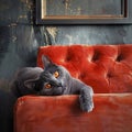 A domestic shorthaired grey Felidae cat with orange eyes lounging on a couch