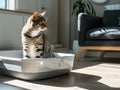 A domestic using its litter box