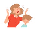 Domestic violence. Angry mother, sad boy. Bullying and abusing behavior. Woman scream on son vector illustration Royalty Free Stock Photo