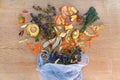 Domestic waste for compost from fruits and vegetables in the garbage bag on the table