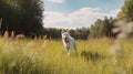 Domestic white dog walking and playing in the meadow