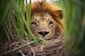 dominant male lion sprawled under bush canopy Royalty Free Stock Photo
