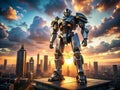 Dominating the Metropolis A Powerful Mecha Robot Defies Gravity in a Futuristic Cityscape Displaying Advanced