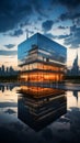 Dominating skyline, a sprawling modern office building defines urban elegance and efficiency.