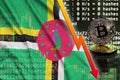 Dominika vlajka a padající šipka na těžba bitcoinů obrazovka a dvě fyzikální zlatý 