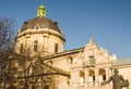 Dominican cathedral dome and a monument to Fedorov in Lviv in Ukraine