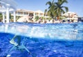 Fitness class doing aqua aerobics on exercise bikes in swimming pool resort hotel Royalty Free Stock Photo