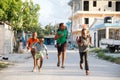 2022.03.14 Dominican Republic Punta Cana Bavaro. Photos of happy running children. Slums.