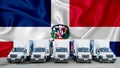 Dominicana flag in the background. Five new white trucks are parked in the parking lot. Truck, transport, freight transport.