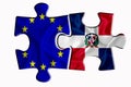 Dominicana flag and European Union flag on two puzzle pieces on white isolated background. The concept of political relations. 3D