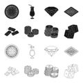 Domino bones, stack of chips, a pile of mont, playing blocks. Casino and gambling set collection icons in black,outline