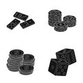 Domino bones, stack of chips, a pile of mont, playing blocks. Casino and gambling set collection icons in black style