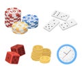 Domino bones, stack of chips, a pile of mont, playing blocks. Casino and gambling set collection icons in cartoon style Royalty Free Stock Photo