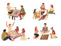 Domino and chess table games play cards and jenga vector isolated characters teams