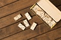 Domino. A game of dominoes on a wooden table Royalty Free Stock Photo