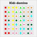 Domino game with pictures geometric shapes for children, fun education game for kids, preschool activity, task for the