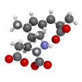 Domoic acid algae poison molecule. Responsible for amnesic shellfish poisoning (ASP). 3D rendering. Atoms are represented as