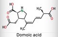 Domoic acid, DA neurotoxin molecule. It is analogue of kainic acid, produced by the diatomic algal Pseudo-nitzschia. Skeletal