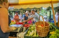 DOMZALE, SLOVENIA - Jul 15, 2019: Sunny Saturday morning at farmer's market