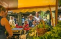 DOMZALE, SLOVENIA - Jul 15, 2019: Sunny Saturday morning at farmer's market