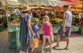 DOMZALE, SLOVENIA - Jul 15, 2019: Sunny Saturday morning at farmer's market