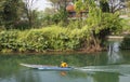 Don Det island,as Mekong river flows slowly between small islets,as small boat passes,4000 Islands,southern Laos