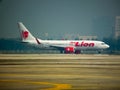 Don Muang BANGKOK THAILAND-12 JANUARY 2019:The aircraft of Lion Airlines is take-off from Don Mueang Airport.on Don Muang BANGKOK