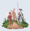 Don Quixote and Sancho Panza riding on windmill background. Book characters. Flat vector illustration.