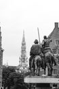 Don quixote statue looking and city hall in Brussels